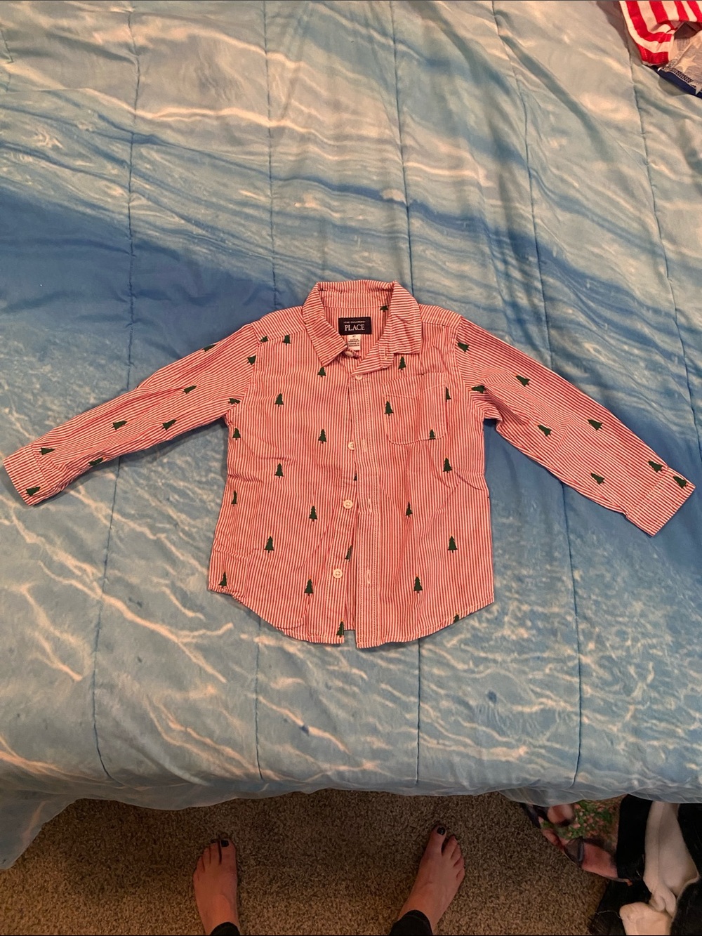 The Children's Place Red & White Striped Button-Down Shirt with Green Tree Motif